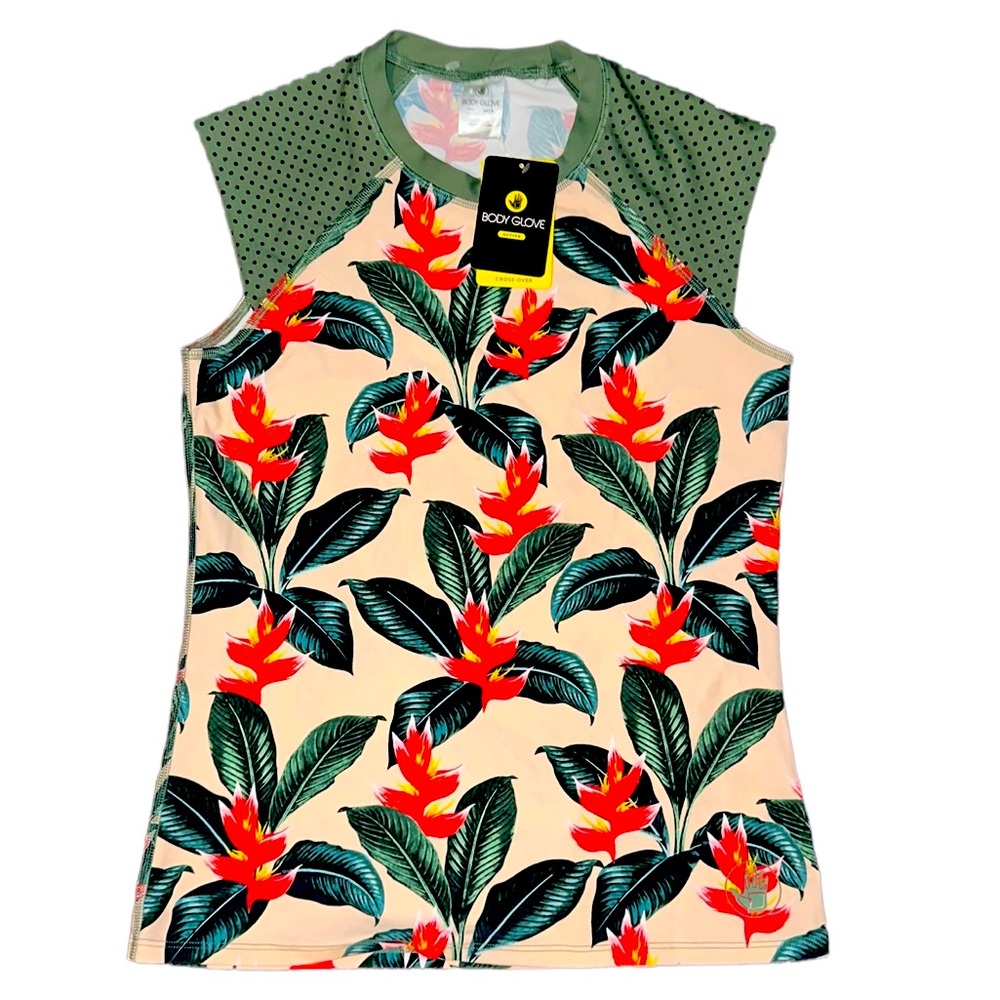 NWT Body glove rash guard, bird of paradise/ hunter green S